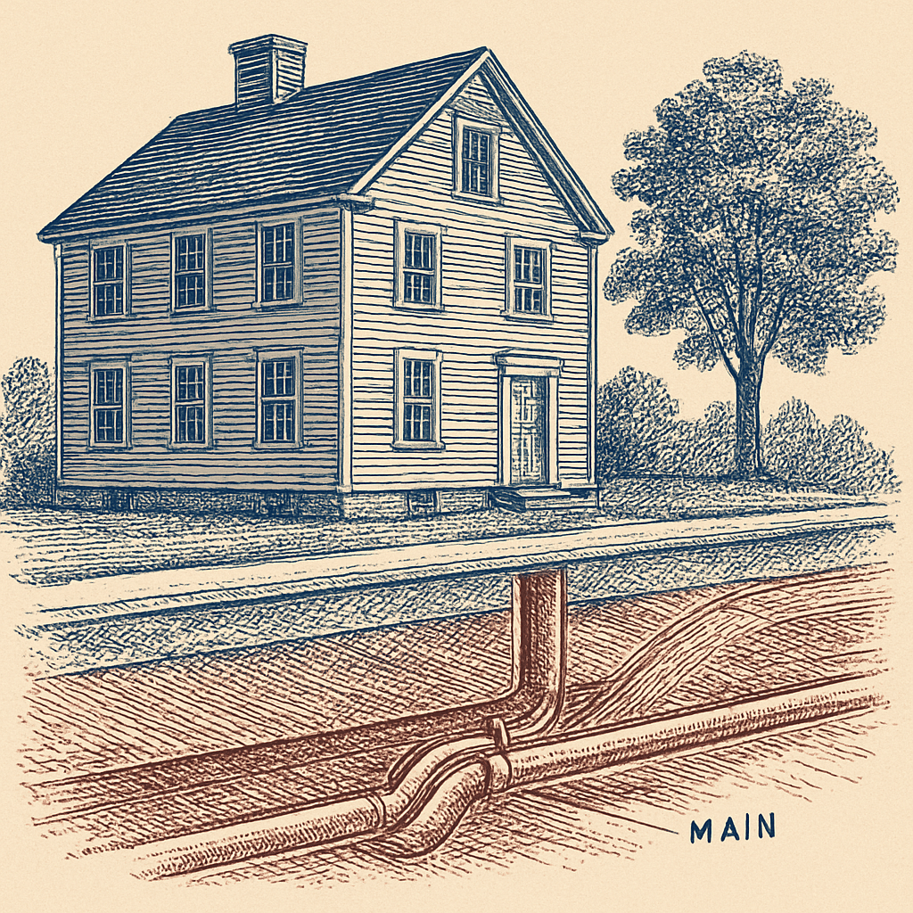 Cross-section diagram of a residential sewer lateral from a Massachusetts home to the street main